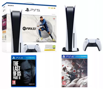 PS5 + FIFA 23 + The Last Of Us 2 (PS4) + Ghost of Tsushima (PS4)