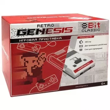 Игровая приставка 8 bit Retro Genesis Classic (300 в 1) + 300 встроенных игр + 2 геймпада (Серая)