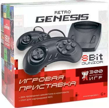 Игровая приставка 8 bit Retro Genesis Junior (300 в 1) + 300 встроенных игр + 2 проводных геймпада + AV кабель (Черная)