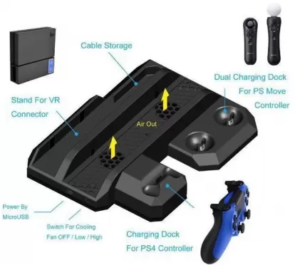 Подставка для вертикальной установки консоли + зарядная станция для 1 геймпада Dualshock 4 и 2-х контроллеров PS Move + охлаждение DOBE (TP4-888) (PS4