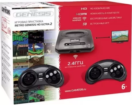 Игровая приставка 16 bit Sega Retro Genesis HD Ultra (50 в 1) + 50 встроенных игр + 2 беспроводных геймпада + HDMI кабель (Черная)