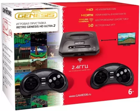 Игровая приставка 16 bit Sega Retro Genesis HD Ultra 2 (50 в 1) + 50 встроенных игр + 2 беспроводных геймпада + HDMI кабель (Черная)