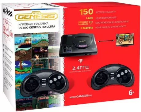 Игровая приставка 16 bit Sega Retro Genesis HD Ultra (150 в 1) + 150 встроенных игр + 2 беспроводных геймпада + HDMI кабель (Черная)